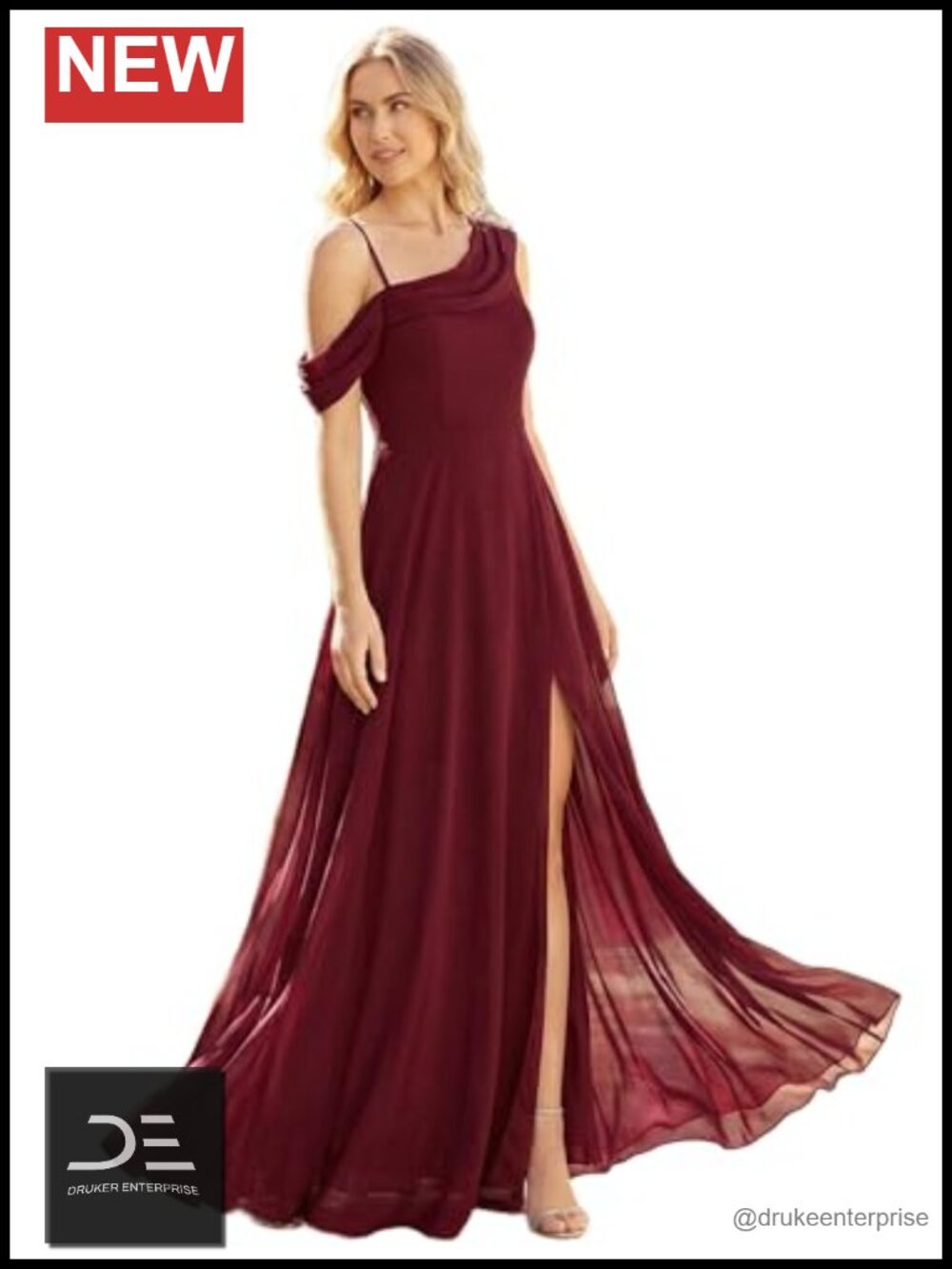One Shoulder Chiffon A-Line Bridesmaid Dress Short Sleeve Maxi Formal